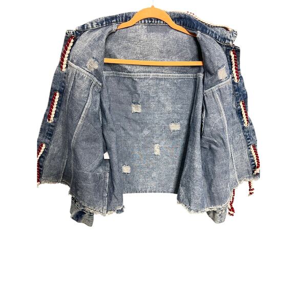 Souk + Sephia Designer Punk Graffiti Style Distressed Medium Wash Denim Jacket - Picture 8 of 13